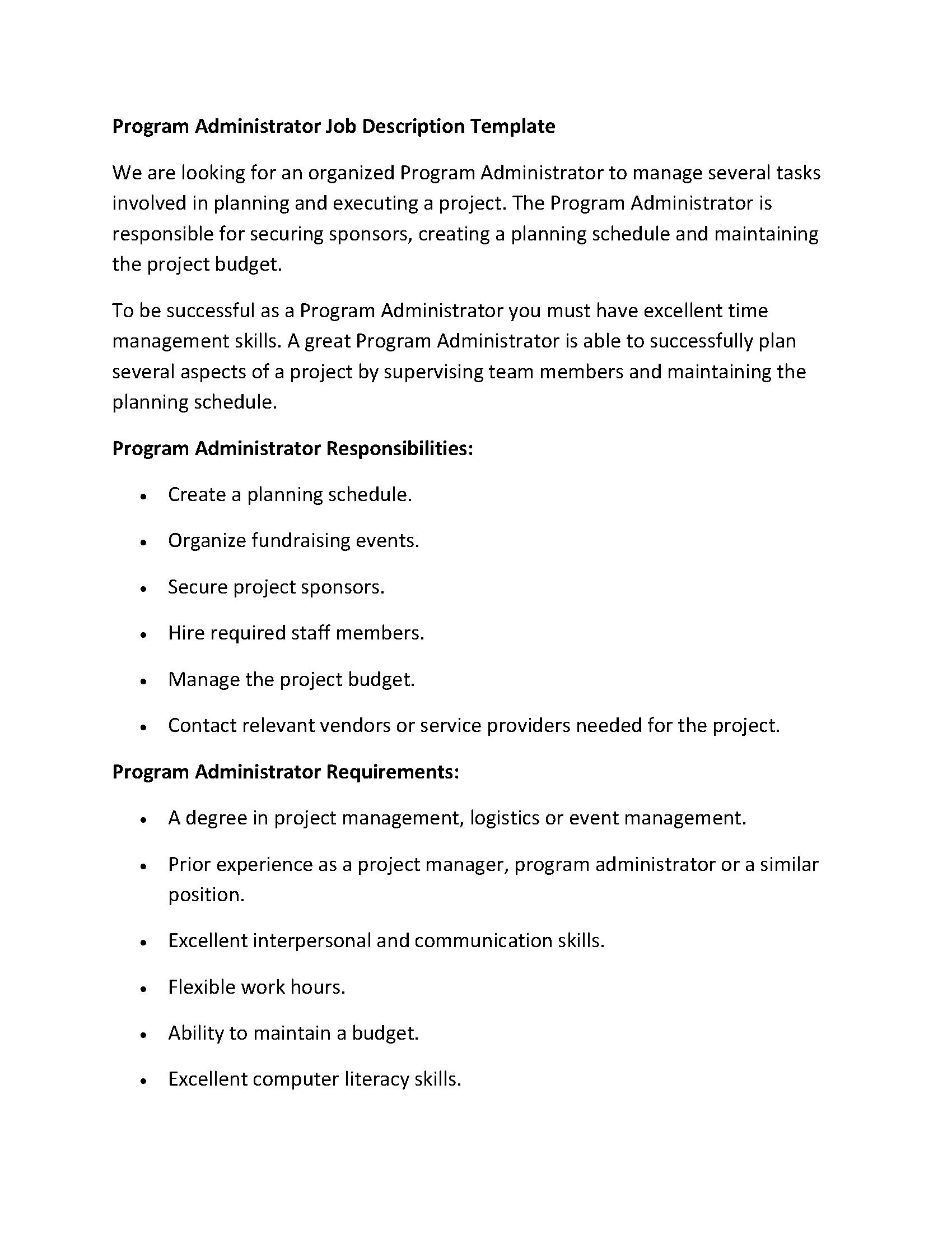 Program Administrator Job Description Template
